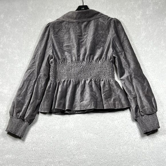 Elevenses Anthropologie Velvet Jacket Blazer Size 12 Gray Smocked Elastic Boho - Picture 7 of 9
